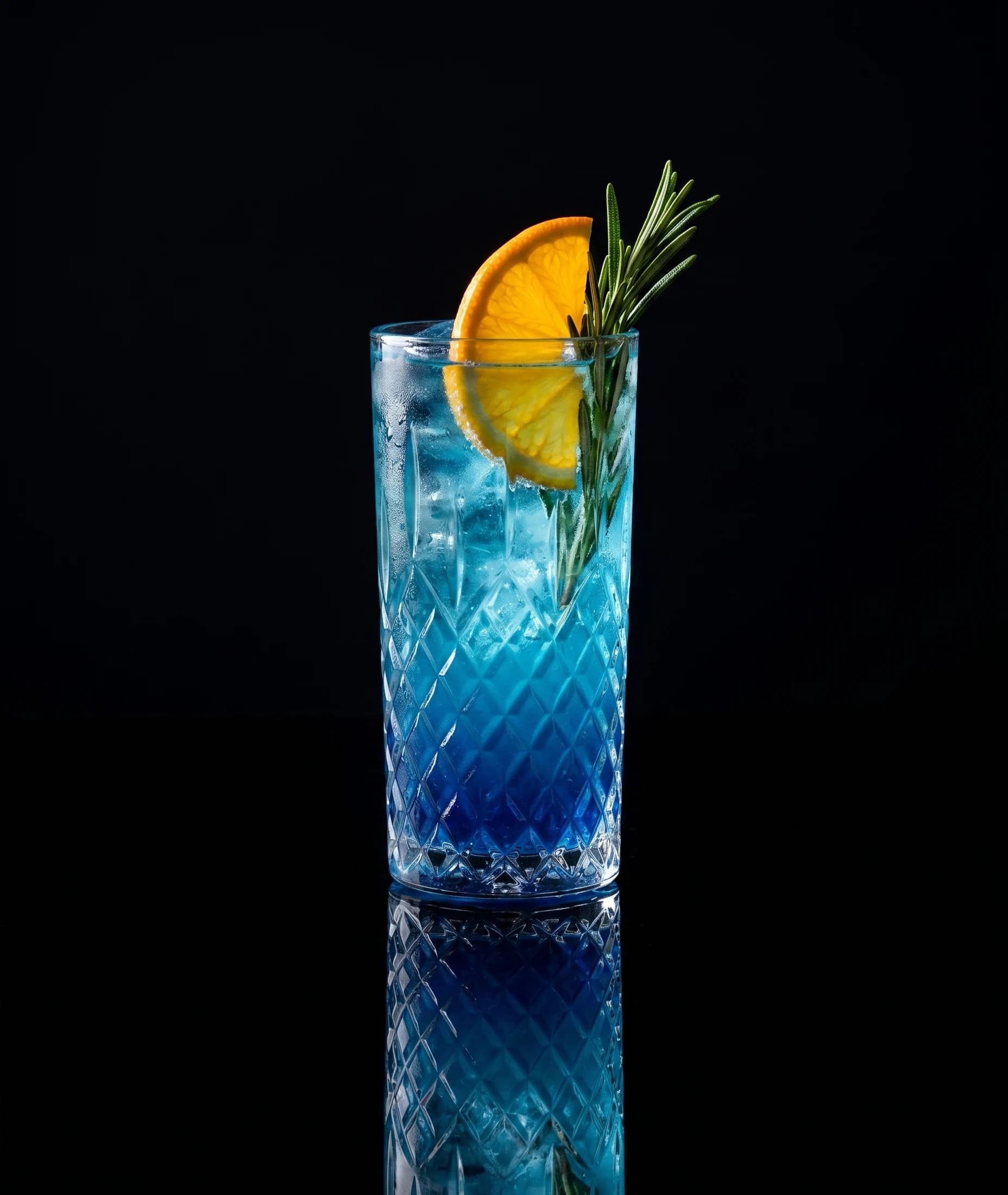 A blue cocktail garnished with rosemary and orange