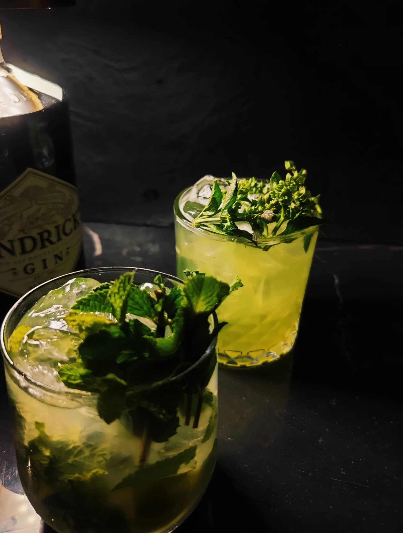 The same cocktail, garnished with mint